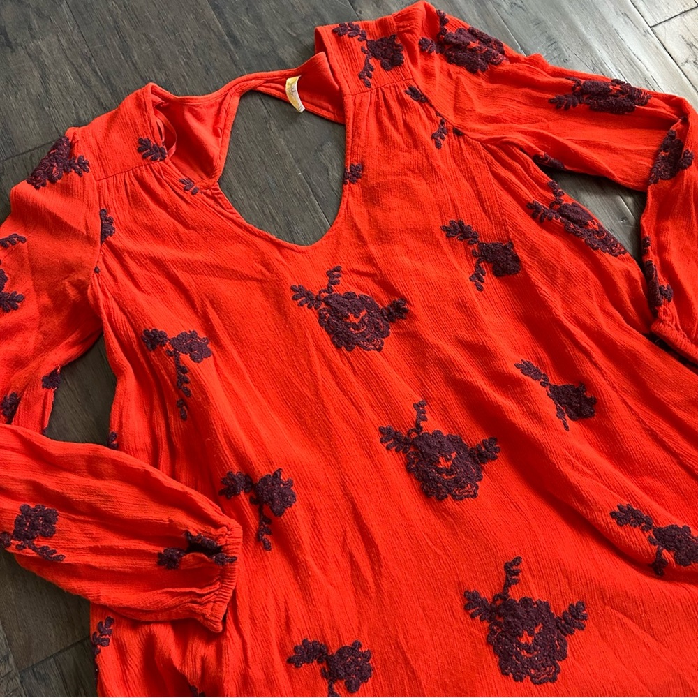 Free People Red Embroidered Tunic Boho Oversized Small - Picture 4 of 7